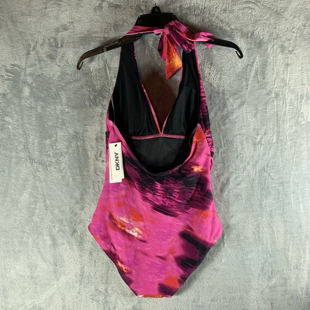 DKNY Women's Swimsuit M One Piece Pink Abstract Mirage Halter Tie Neck NWT - Picture 2 of 7